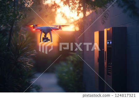 A drone hovers in the air near a house at sunset, casting a warm glow on the surroundings. The scene features vegetation and a modern mailbox, creating a tranquil atmosphere. 124817321