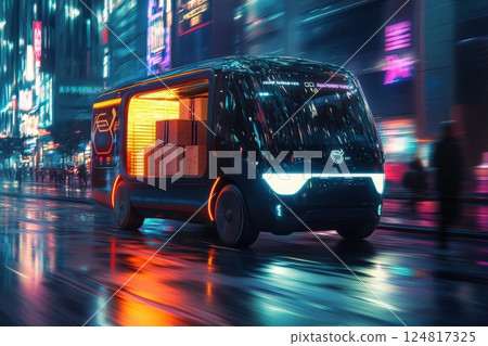 A sleek, modern delivery vehicle drives through a bustling city with vibrant neon lights reflecting on wet pavement. 124817325