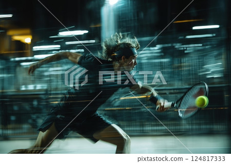 A young athlete in black sportswear lunges to hit a yellow tennis ball, showcasing agility and focus. The outdoor court features bright lighting, enhancing the energetic atmosphere of night play. 124817333