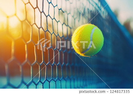A bright yellow tennis ball hovers close to the blue net as the sun sets, casting warm light on the court. The tranquil moment captures the essence of evening play. 124817335