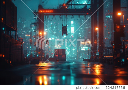 A busy shipping port glows under neon lights at night, with cranes positioned among stacked containers. The moist pavement reflects the citys vibrant colors, creating a mesmerizing ambiance. 124817336
