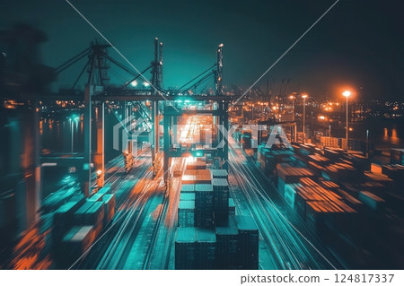 A bustling container port at night shows large cranes lifting cargo over stacks of containers. Bright lights illuminate the scene, highlighting the shipping activity and movement of goods. 124817337