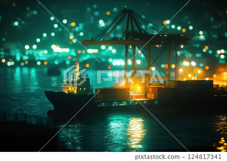 A cargo ship is docked in a busy harbor at night, unloading containers with cranes. City lights shimmer off the water, creating a vibrant, lively atmosphere as activity continues. 124817341