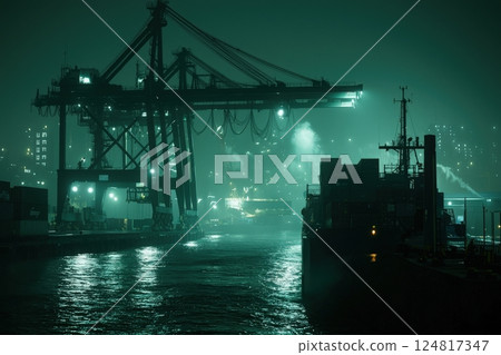 Cranes tower in the harbor under a green glow, reflecting on the water. Fog envelops the area, creating a mysterious ambiance as vessels quietly wait docked. 124817347