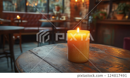 candle glows softly on a table, creating a warm, inviting atmosphere for Candlemas copy space 124817491