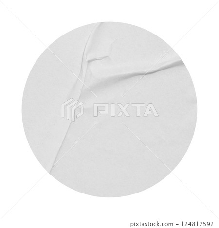 Blank White round crumpled paper circle promotion sticker vintage label cutout isolated on a transparent background 124817592