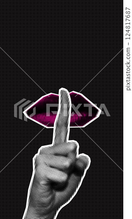 A bold pop art-inspired graphic featuring a halftone hand making a silence gesture with lips, symbolizing secrecy, mystery, or confidentiality. . A bold pop art-inspired graphic featuring a halftone hand making a silence gesture with lips, symbolizing secrecy, mystery, or confidentiality. . 124817687