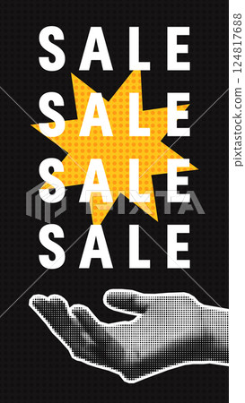 Graphic design featuring a halftone hand reaching towards a bright sale explosion, emphasizing discounts and promotions in a retro pop-art style. . 124817688
