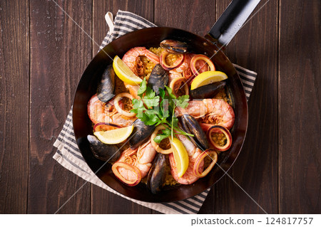 Paella made in a frying pan 124817757