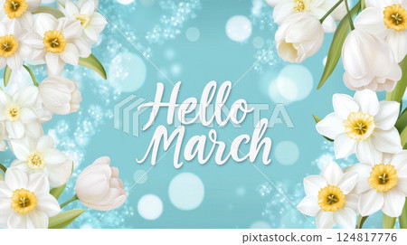 Daffodils bouquet with hello march text on light background 124817776