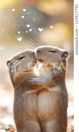Capybara couple hugging, showcasing animal bonding, St Valentines Day postcard with hearts symbols 124817793