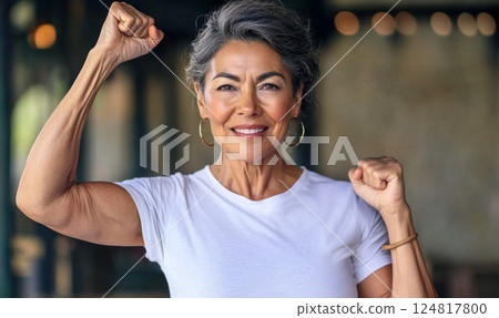 Middle aged hispanic woman with raised fist of empowerment, strength and women solidarity, International Womens Day concept 124817800