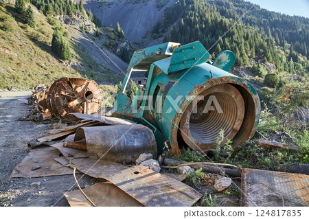 rusty industrial scrap metal pile stacked with discarded materials and debris rusty industrial scrap metal pile stacked with discarded materials and debris 124817835