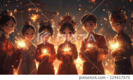 People in traditional outfits celebrate Chinese New Year with sparklers under lights. People in traditional outfits celebrate Chinese New Year with sparklers under lights. 124817870