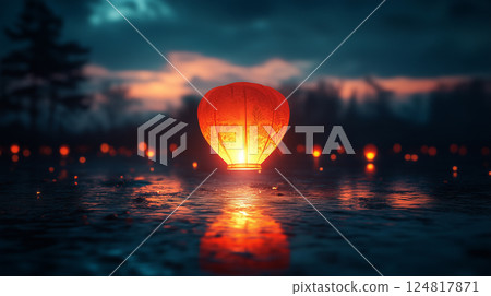 A single glowing lantern floats peacefully in the night sky, symbolizing Candlemas. 124817871