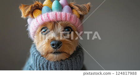 A small dog in a knitted sweater and egg-decorated hat celebrates Easter. A small dog in a knitted sweater and egg-decorated hat celebrates Easter. 124817988