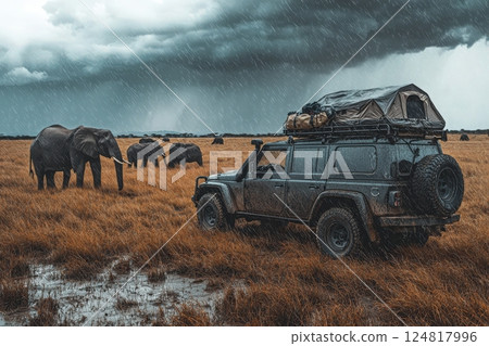 Elephants graze in a vast savanna under dark clouds while a rugged vehicle stands ready nearby, showcasing a wild and adventurous atmosphere during a rainy day in nature. 124817996