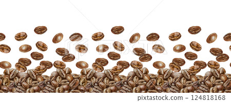 Coffee roasted beans seamless border. Hand drawn watercolor illustration isolated on white. For cards, labels, menu design, invitations, covers, wallpapers, banners. 124818168