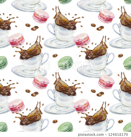 Cup of coffee and splashes, roasted beans, macaroons, seamless pattern. Hand drawn watercolor illustration isolated on white. For greeting cards, wrapping paper, textile, fabric, covers, wallpaper. Cup of coffee and splashes, roasted beans, macaroons, seamless pattern. Hand drawn watercolor illustration isolated on white. For greeting cards, wrapping paper, textile, fabric, covers, wallpaper. 124818170