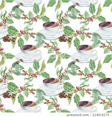 Cup of coffee and branches with green leaves, flowers and fruits, seamless pattern. Hand drawn watercolor illustration isolated. For greeting cards, wrapping paper, textile, fabric, covers, wallpaper. Cup of coffee and branches with green leaves, flowers and fruits, seamless pattern. Hand drawn watercolor illustration isolated. For greeting cards, wrapping paper, textile, fabric, covers, wallpaper. 124818175