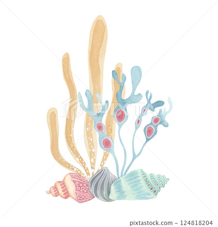 Sea life clipart - seaweed and shells in pastel colors. Hand-painted watercolor illustration with pencil texture. Perfect for stationery, kids books, scrapbooking, and ocean-themed decorations 124818204