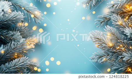 Frosted pine branches with yellow lights on blue background 124818225