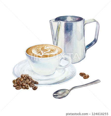 Cup of cappuccino coffee with foam, roasted beans, milk jug, spoon. Hand drawn watercolor illustration isolated on white. For greeting cards, invitations, labels, menus, covers, posters. Cup of cappuccino coffee with foam, roasted beans, milk jug, spoon. Hand drawn watercolor illustration isolated on white. For greeting cards, invitations, labels, menus, covers, posters. 124818255