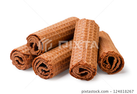 Chocolate wafer rolls on a white background. Isolated 124818267