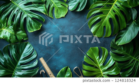 Peaceful Vibrant Monstera Leaves Surrounding Modern Background for Nature Lovers 124818324