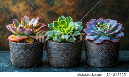 Tranquil Arrangement of Delicate Succulents in Geometric Pots for Peaceful Decor Tranquil Arrangement of Delicate Succulents in Geometric Pots for Peaceful Decor 124818325
