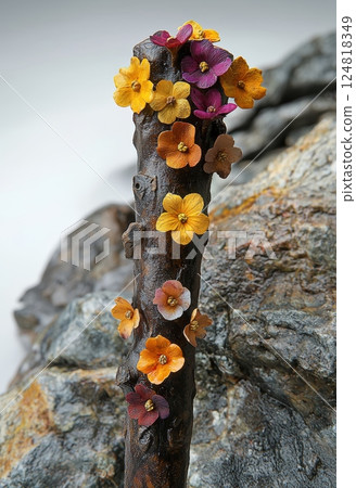 Peaceful Tiny Surveying Rod Adorned with Beautiful Little Flowers on Rustic Background 124818349