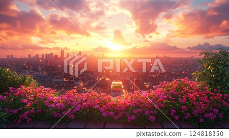Serene Rooftop Garden at Sunset Overlooking a Dynamic Cityscape 124818350