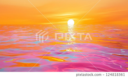 Serene Sunset Over Colorful Ocean Surface with Reflective Oil Spill Effects 124818361