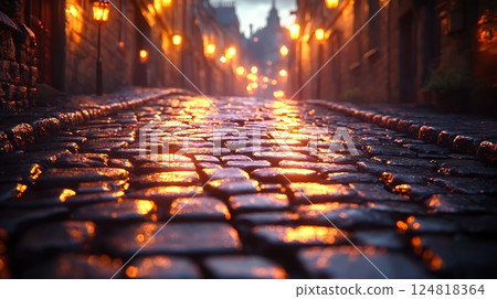 Narrow Cobblestone Alley Bathed in Soft Vintage Urban Light at Dusk Narrow Cobblestone Alley Bathed in Soft Vintage Urban Light at Dusk 124818364