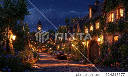 Serene Urban Night Scene with Glowing Streetlights and Enchanting Atmosphere 124818377