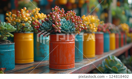 Colorful Whimsical Succulents Growing in Vibrant Upcycled Pots for Peaceful Decor 124818402