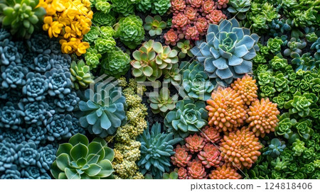 Vibrant Display of Symmetrical Succulents Arranged in Modern Rows for Peaceful Decor 124818406