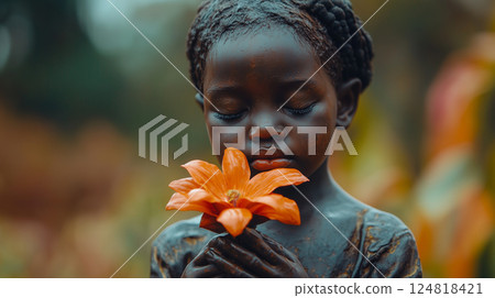 Child admires a flower near a memorial statue. Heroes Day in Rwanda 124818421