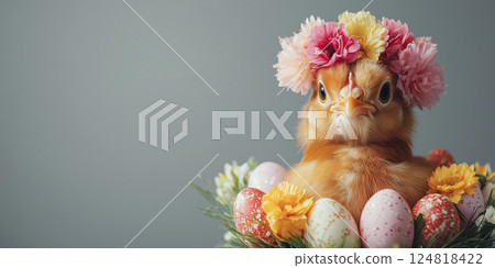 A little chick adorned with flowers sits among pastel Easter eggs on a plain backdrop. 124818422