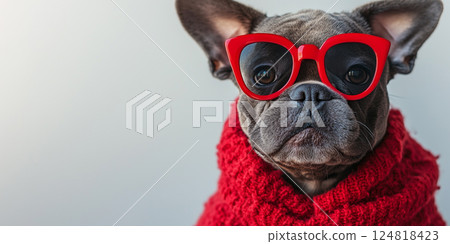 A dog in a red sweater and oversized red glasses enjoys Valentines Day festivities, radiating joy. 124818423