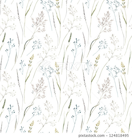 Various wild herbs and flowers. Watercolor seamless pattern hand drawn with watercolor on white background, perfect for cards, wedding invitations, branding, packaging and spring design. 124818495