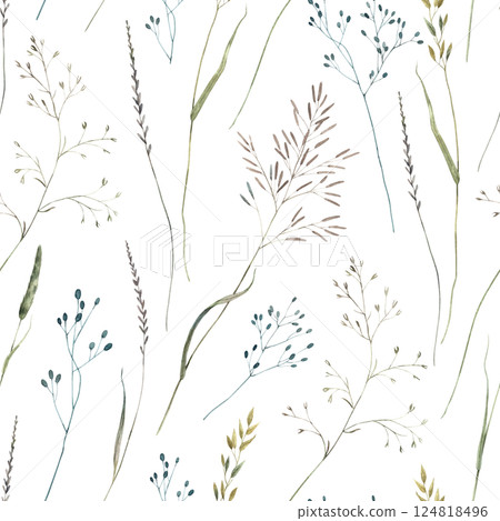 Various wild herbs and flowers. Watercolor seamless pattern hand drawn with watercolor on white background, perfect for cards, wedding invitations, branding, packaging and spring design. 124818496