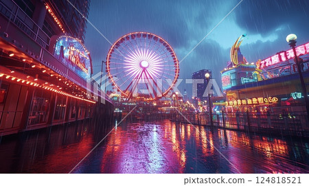 Vibrant Urban Pier with Ferris Wheel at Night Under Rainy Sky 124818521