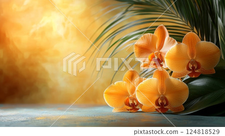 Serene Floral Arrangement with Cascading Orange Orchids against a Soft Background Serene Floral Arrangement with Cascading Orange Orchids against a Soft Background 124818529