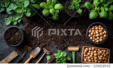 Gardening Table with Fresh Soil, Tools, and Leafy Greens for Peaceful Planting 124818535