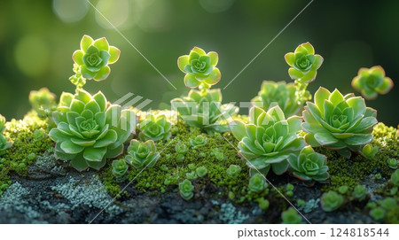 Lush Green Succulents Under Soft Light for a Peaceful Modern Aesthetic 124818544