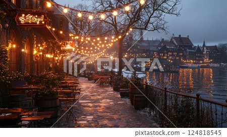 Peaceful Urban Night Scene with Glowing Streetlights and Reflections on Water 124818545