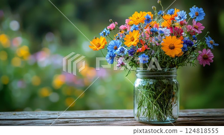 Rustic Wildflower Bouquet With Vibrant Colors in a Glass Jar on Wooden Tabletop 124818555