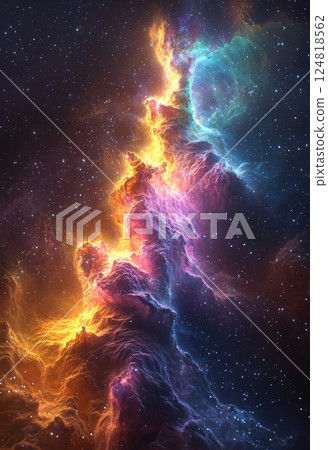 Stunning View of Colorful Galaxy Merging in Deep Space with Bright Nebulae and Stars 124818562