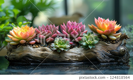 Peaceful Succulents Nestled in Driftwood Logs for Tranquil Natural Decor Peaceful Succulents Nestled in Driftwood Logs for Tranquil Natural Decor 124818564